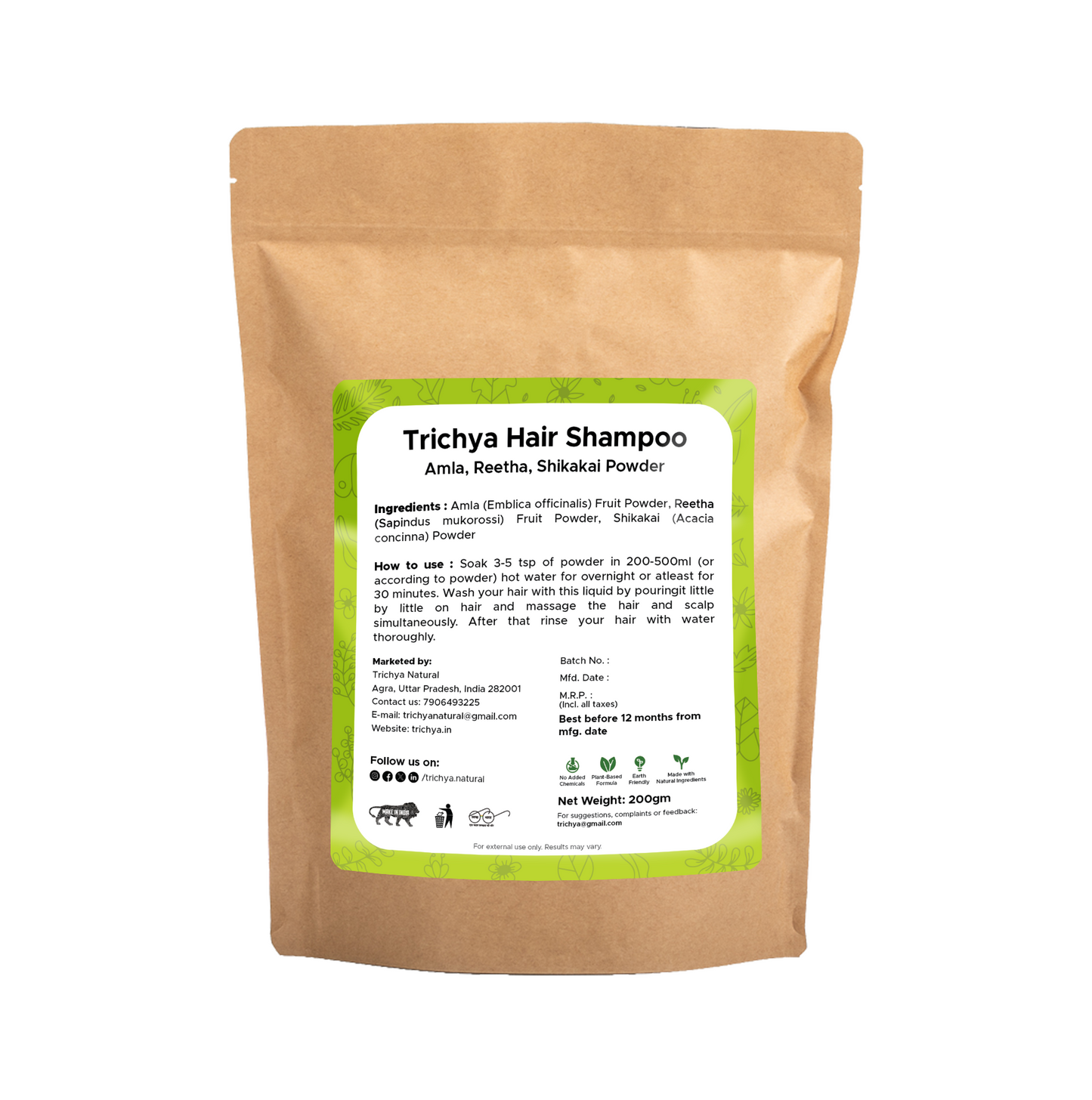 Trichya Natural Hair Shampoo – Amla | Reetha | Shikakai Powder | Pack of 200 gm
